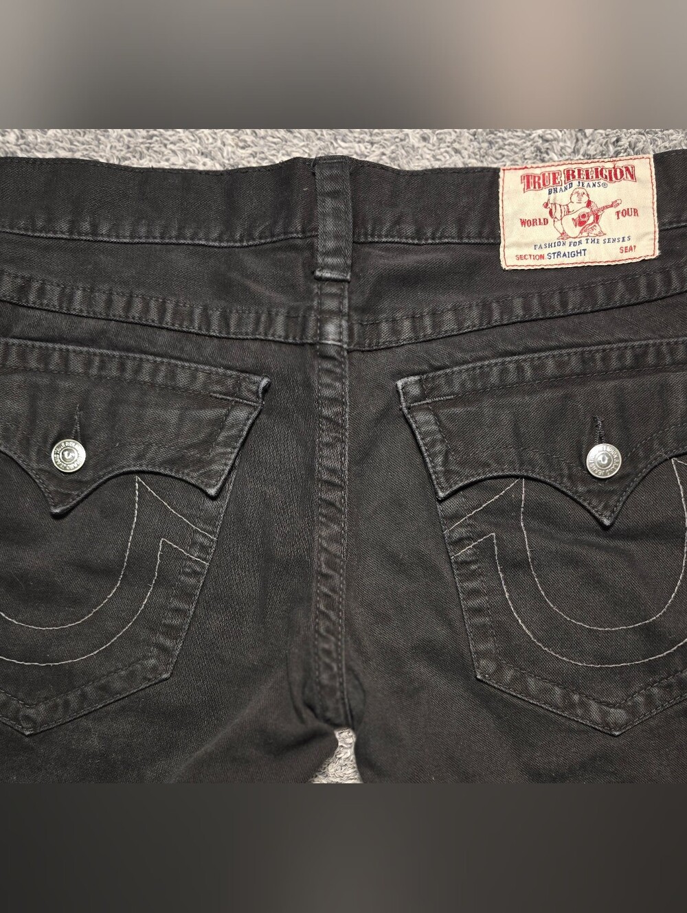 True Religion Black Geno Slim Straight Jeans Flap Pocket Horseshoe 33